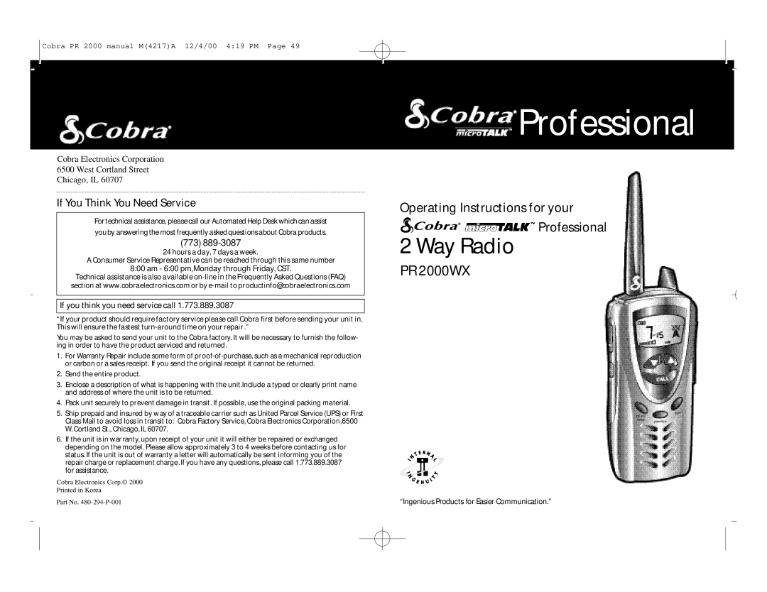 Cobra Electronics microTalk Professional 2-Way Radio specifications If You Think You Need Service, 773 