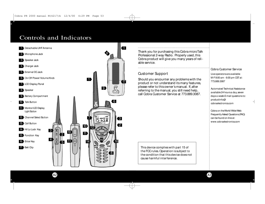 Cobra Electronics microTalk Professional 2-Way Radio specifications Controls and Indicators, Customer Support 