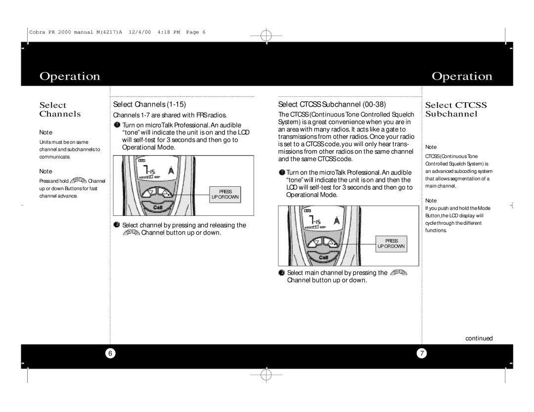 Cobra Electronics microTalk Professional 2-Way Radio specifications Select Channels, Select Ctcss Subchannel 