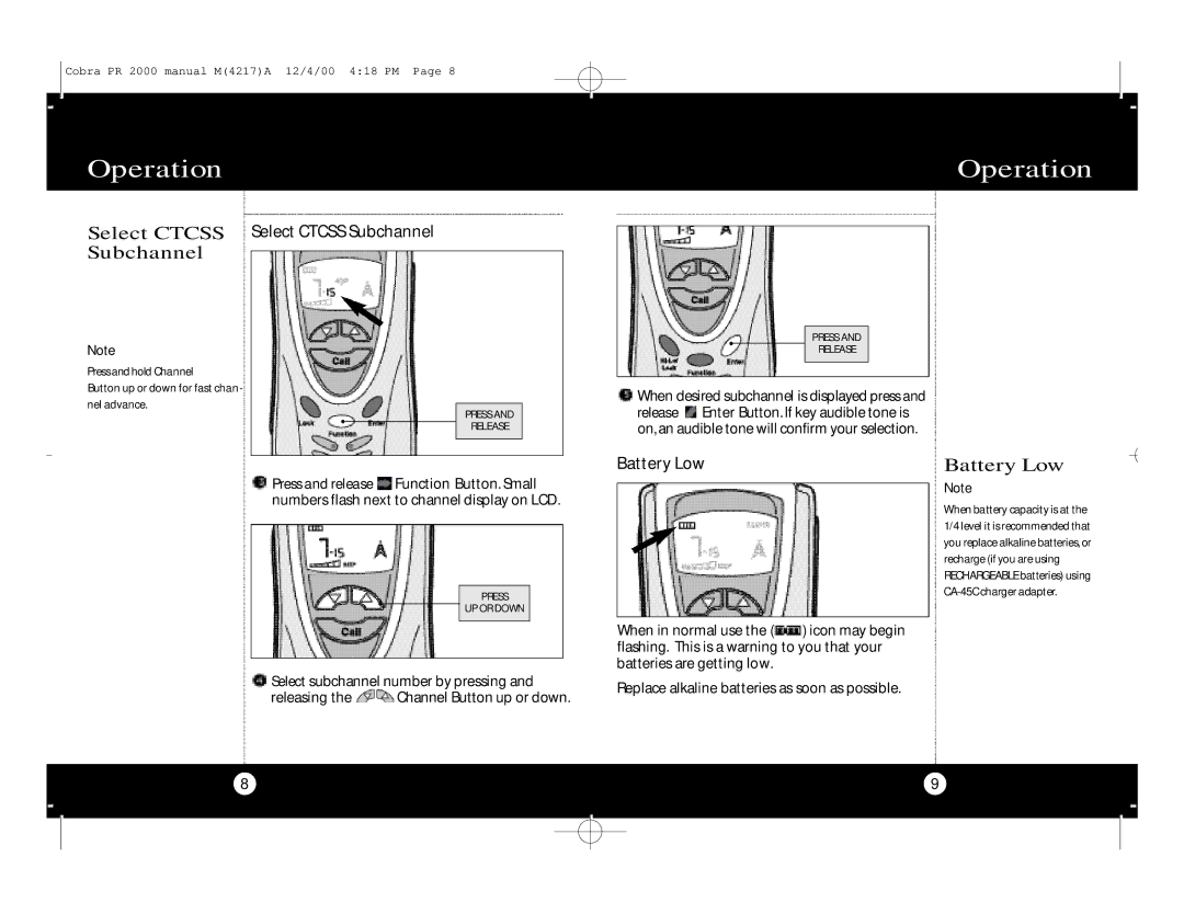 Cobra Electronics microTalk Professional 2-Way Radio specifications Battery Low 