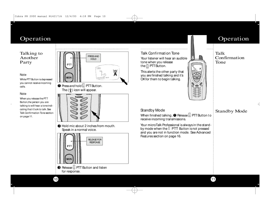 Cobra Electronics microTalk Professional 2-Way Radio Talking to Another Party, Talk Confirmation Tone Standby Mode 