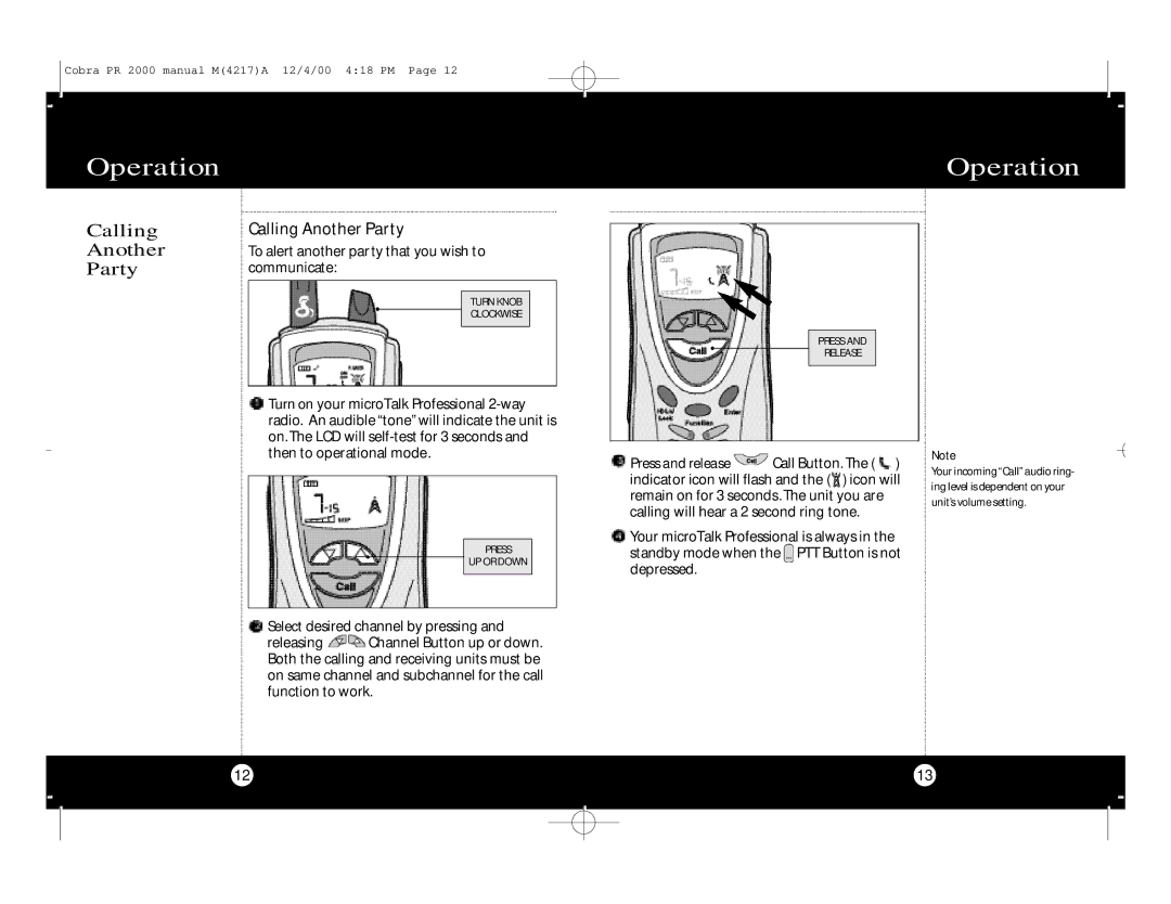 Cobra Electronics microTalk Professional 2-Way Radio specifications Calling Another Party 