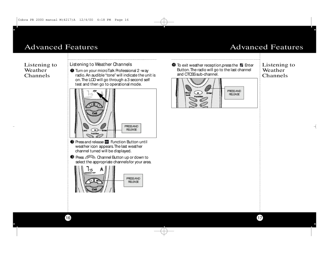Cobra Electronics microTalk Professional 2-Way Radio specifications Advanced Features, Listening to Weather Channels 