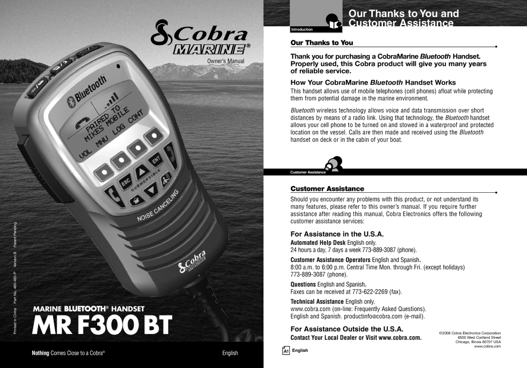 Cobra Electronics MR F300BT warranty Our Thanks to You Customer Assistance, For Assistance Outside the U.S.A 