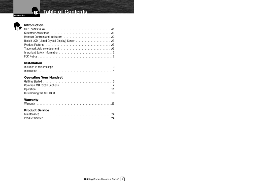 Cobra Electronics MR F300BT warranty Table of Contents 