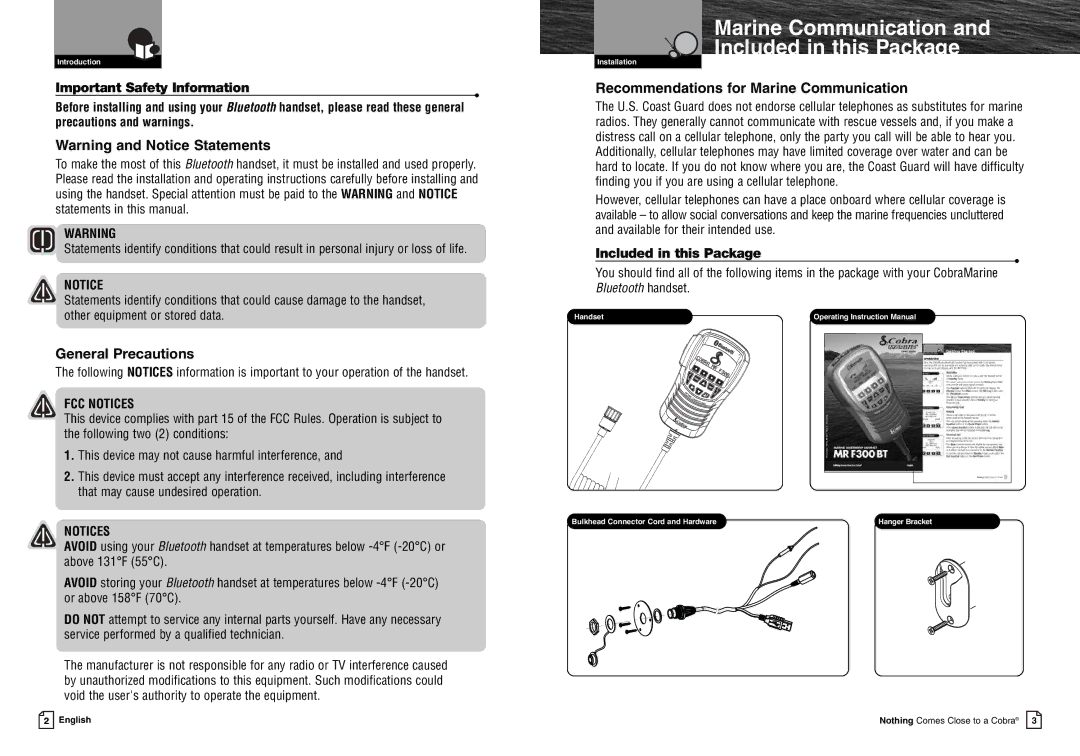 Cobra Electronics MR F300BT warranty Important Safety Information, Marine Communication Included in this Package 