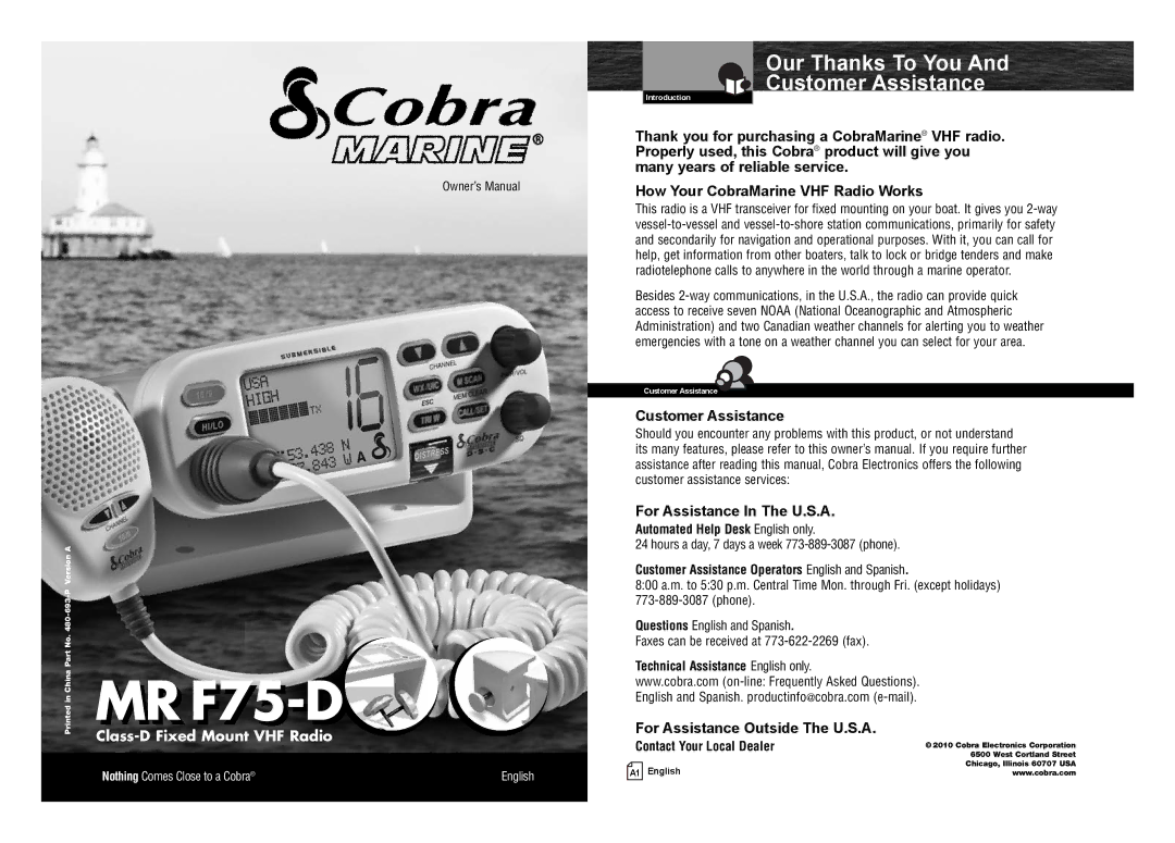 Cobra Electronics MR F75-D owner manual Our Thanks To You Customer Assistance, Class-D Fixed Mount VHF Radio 