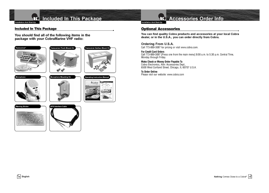 Cobra Electronics MR F75-D Included In This Package, Accessories Order Info, For Credit Card Orders, To Order Online 