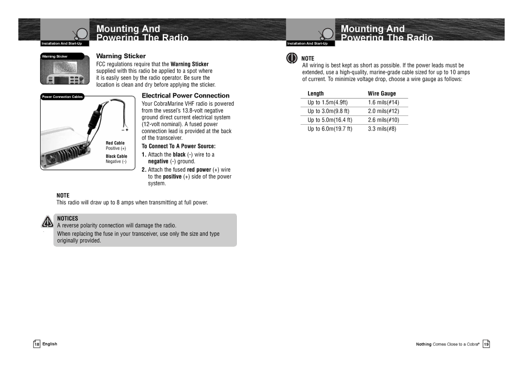 Cobra Electronics MR F75-D owner manual Electrical Power Connection, To Connect To a Power Source, Length Wire Gauge 