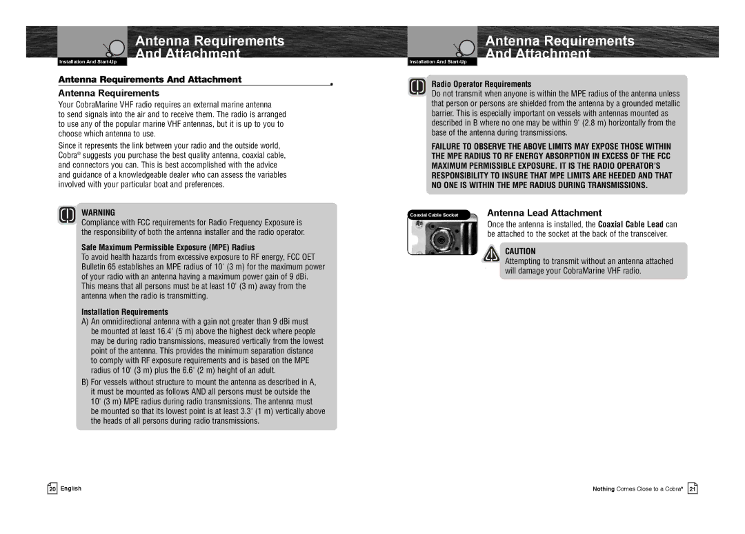 Cobra Electronics MR F75-D Antenna Requirements Attachment, Antenna Requirements And Attachment, Installation Requirements 