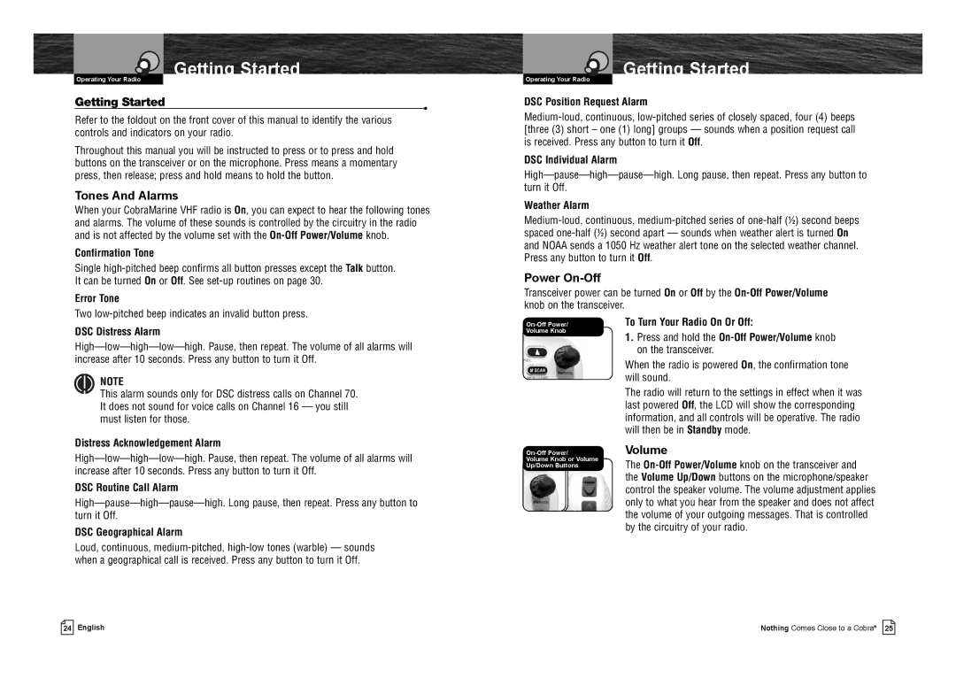 Cobra Electronics MR F75-D owner manual Getting Started, Tones And Alarms, Power On-Off, Volume 