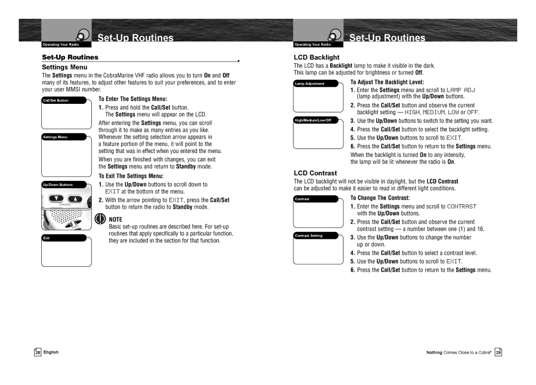 Cobra Electronics MR F75-D owner manual Set-Up Routines Settings Menu, LCD Backlight, LCD Contrast 