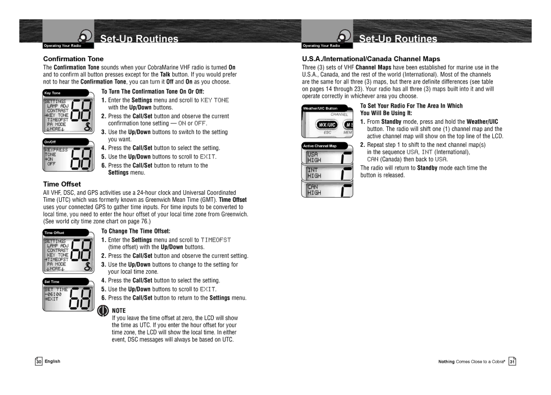 Cobra Electronics MR F75-D owner manual Confirmation Tone, A./International/Canada Channel Maps, Time Offset 