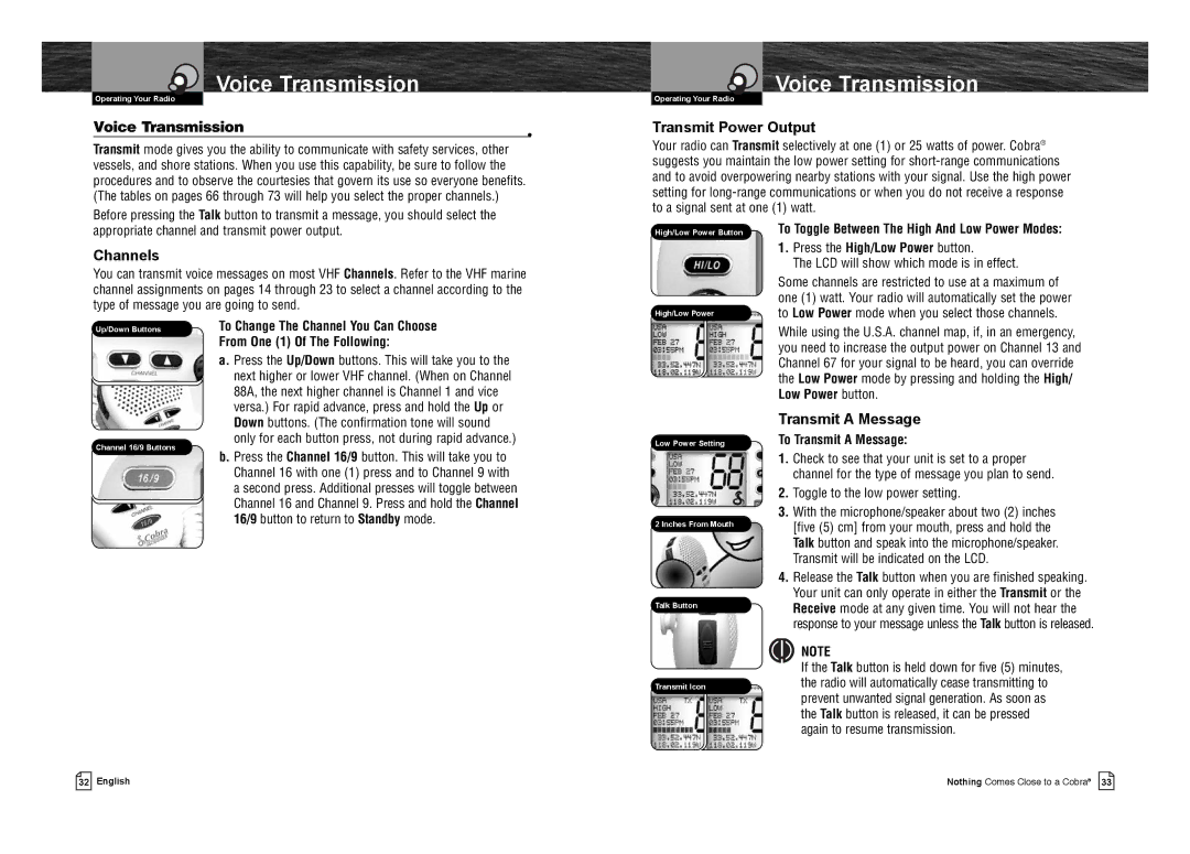 Cobra Electronics MR F75-D owner manual Voice Transmission, Transmit Power Output, Channels, Transmit a Message 