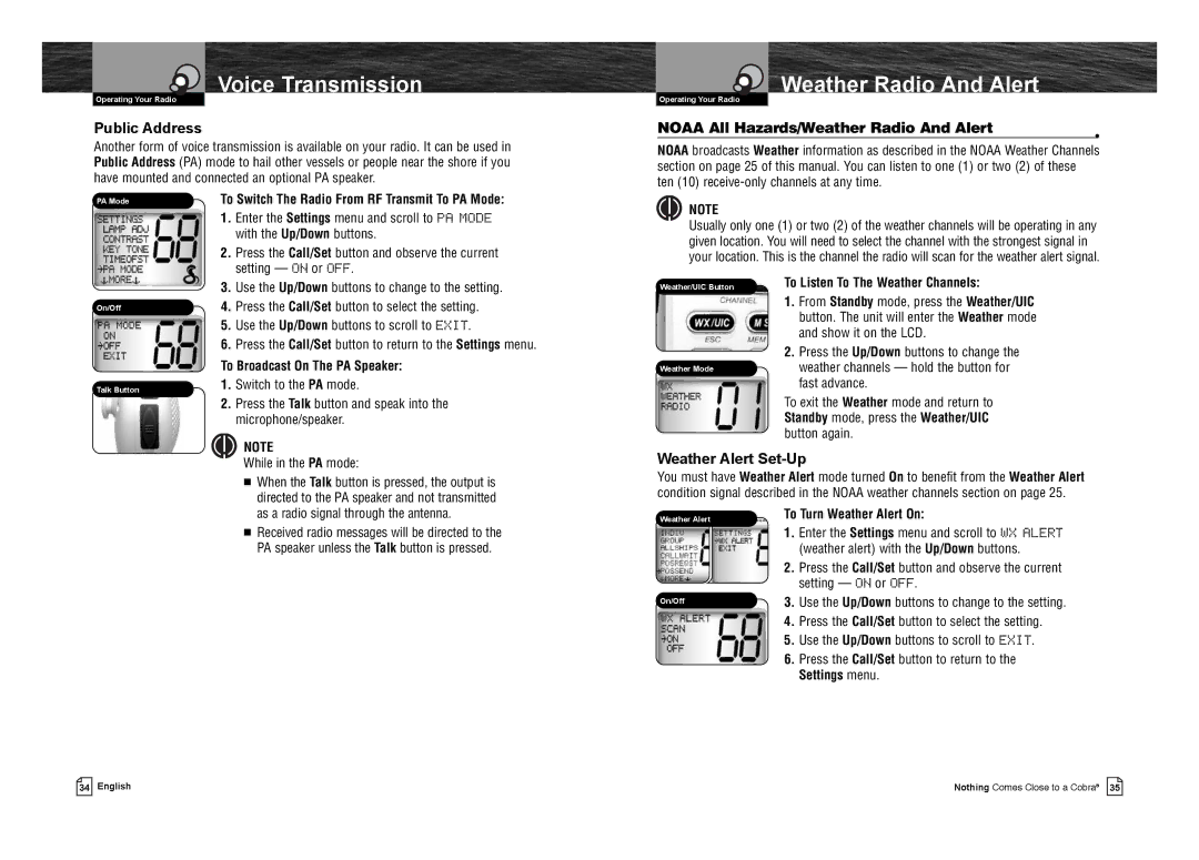 Cobra Electronics MR F75-D owner manual Public Address, Noaa All Hazards/Weather Radio And Alert, Weather Alert Set-Up 