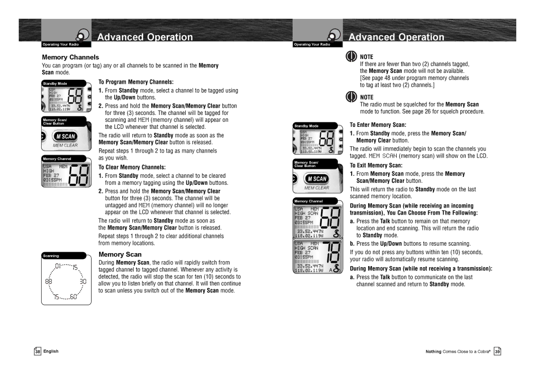 Cobra Electronics MR F75-D owner manual Memory Channels, Memory Scan 