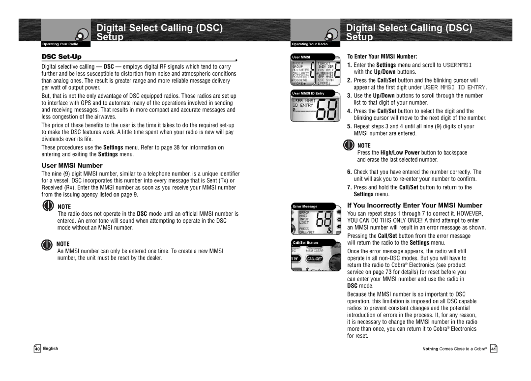 Cobra Electronics MR F75-D Digital Select Calling DSC Setup, DSC Set-Up, User Mmsi Number, To Enter Your Mmsi Number 