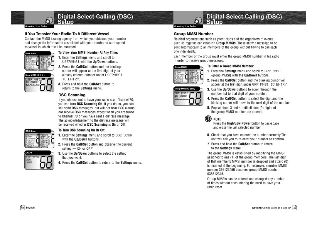 Cobra Electronics MR F75-D owner manual If You Transfer Your Radio To a Different Vessel, Group Mmsi Number, DSC Scanning 