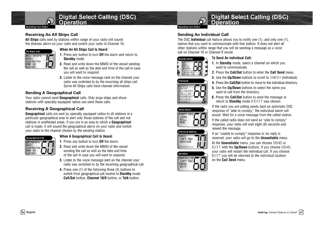 Cobra Electronics MR F75-D Receiving An All Ships Call, Sending An Individual Call, Sending a Geographical Call 