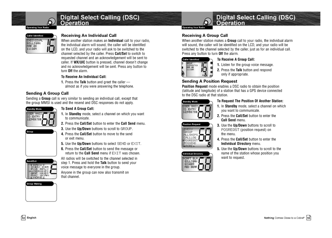 Cobra Electronics MR F75-D owner manual Receiving An Individual Call, Receiving a Group Call, Sending a Position Request 