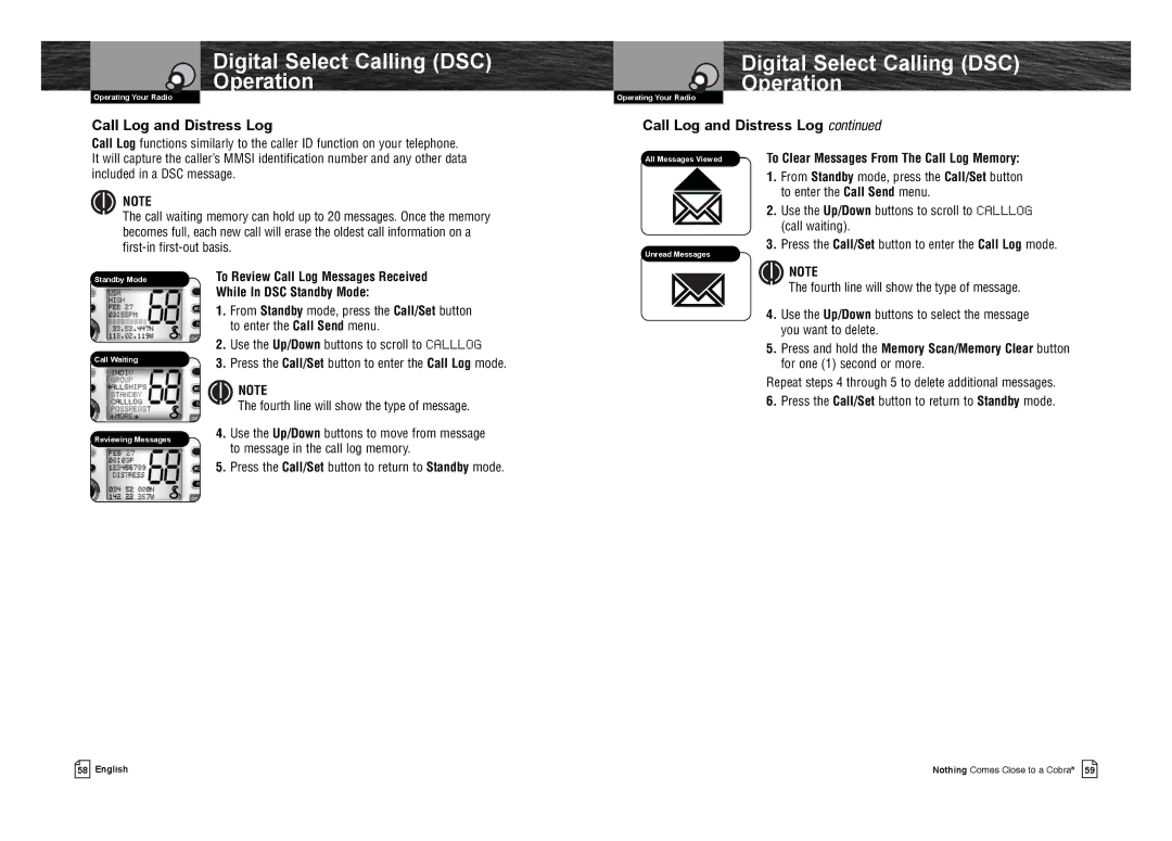 Cobra Electronics MR F75-D owner manual Call Log and Distress Log, To Clear Messages From The Call Log Memory 