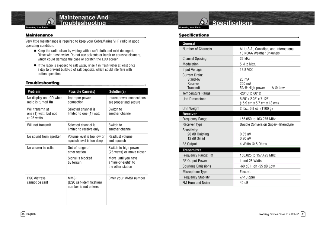 Cobra Electronics MR F75-D owner manual Maintenance Troubleshooting, Specifications 