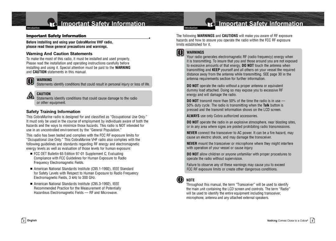 Cobra Electronics MR F75-D owner manual Important Safety Information, Safety Training Information 