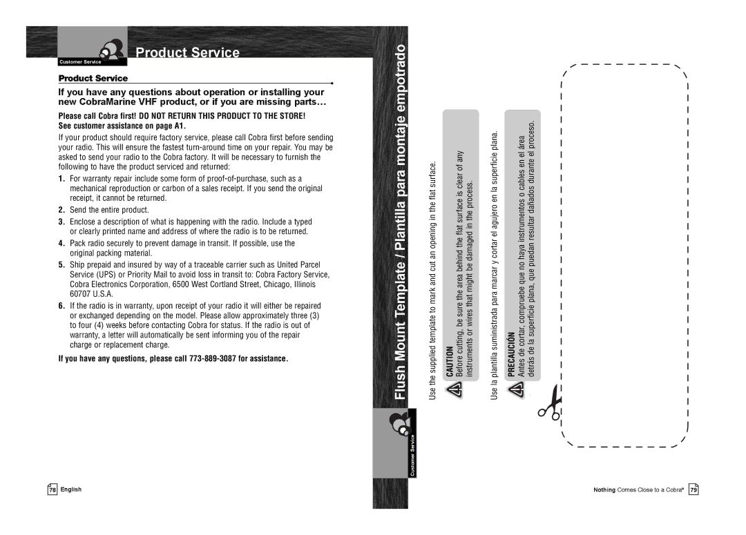 Cobra Electronics MR F75-D owner manual Product Service, Flush Mount Template / Plantilla para montaje empotrado 