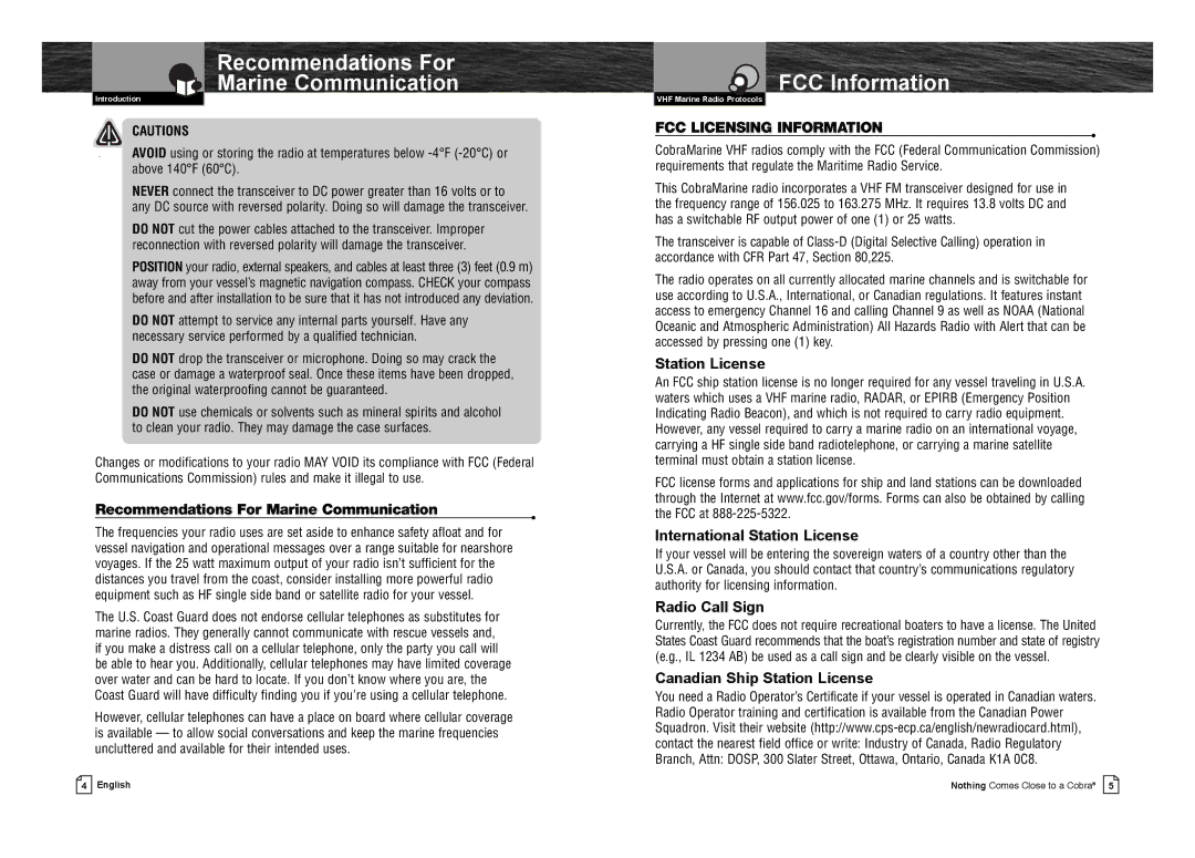 Cobra Electronics MR F75-D owner manual Recommendations For Marine Communication, FCC Information 