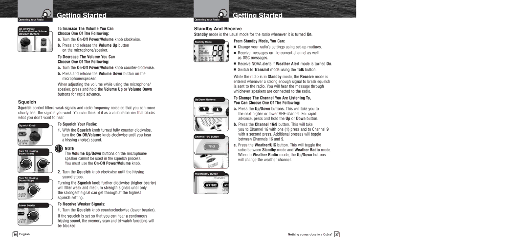 Cobra Electronics MR F75 owner manual Standby And Receive, Squelch 