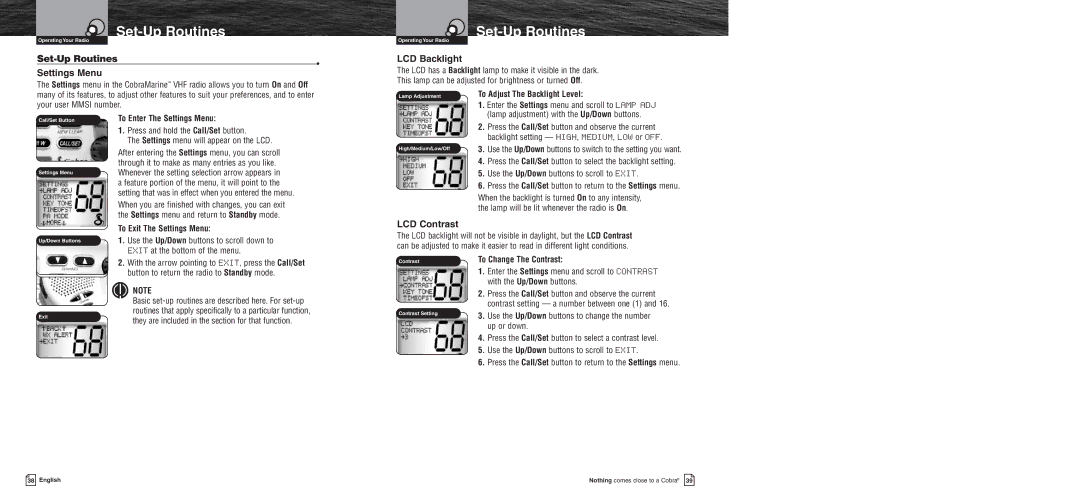 Cobra Electronics MR F75 owner manual Set-Up Routines Settings Menu, LCD Backlight, LCD Contrast 