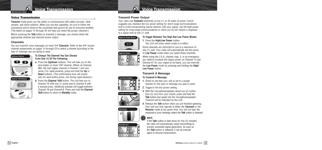 Cobra Electronics MR F75 owner manual Voice Transmission, Transmit Power Output, Channels, Transmit a Message 