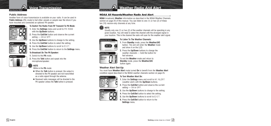 Cobra Electronics MR F75 owner manual Public Address, Noaa All Hazards/Weather Radio And Alert, Weather Alert Set-Up 