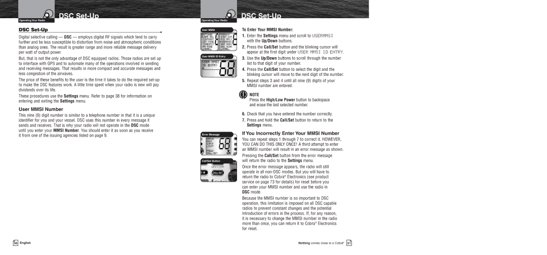 Cobra Electronics MR F75 owner manual DSC Set-Up, User Mmsi Number, If You Incorrectly Enter Your Mmsi Number 