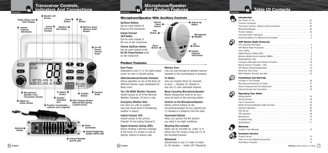 Cobra Electronics MR F75 owner manual Transceiver Controls Indicators And Connections, Microphone/Speaker Product Features 