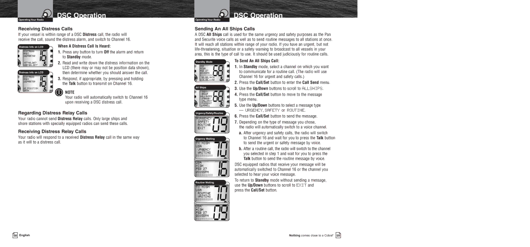 Cobra Electronics MR F75 owner manual Receiving Distress Calls, Sending An All Ships Calls, Regarding Distress Relay Calls 