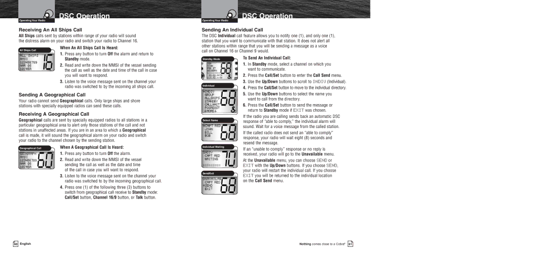 Cobra Electronics MR F75 owner manual Receiving An All Ships Call, Sending An Individual Call, Sending a Geographical Call 