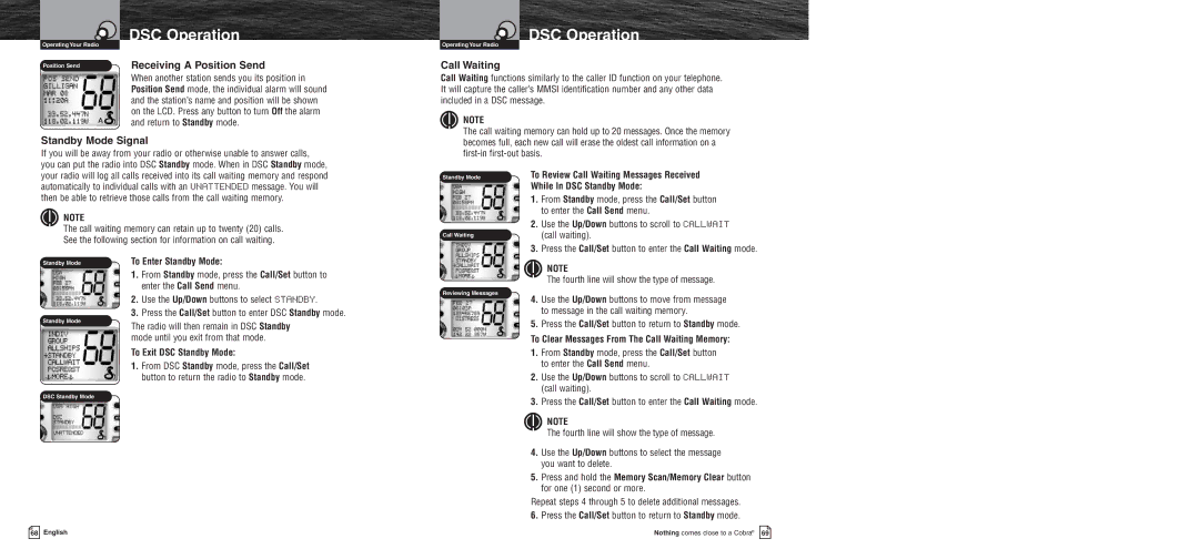 Cobra Electronics MR F75 owner manual Receiving a Position Send, Call Waiting, Standby Mode Signal 