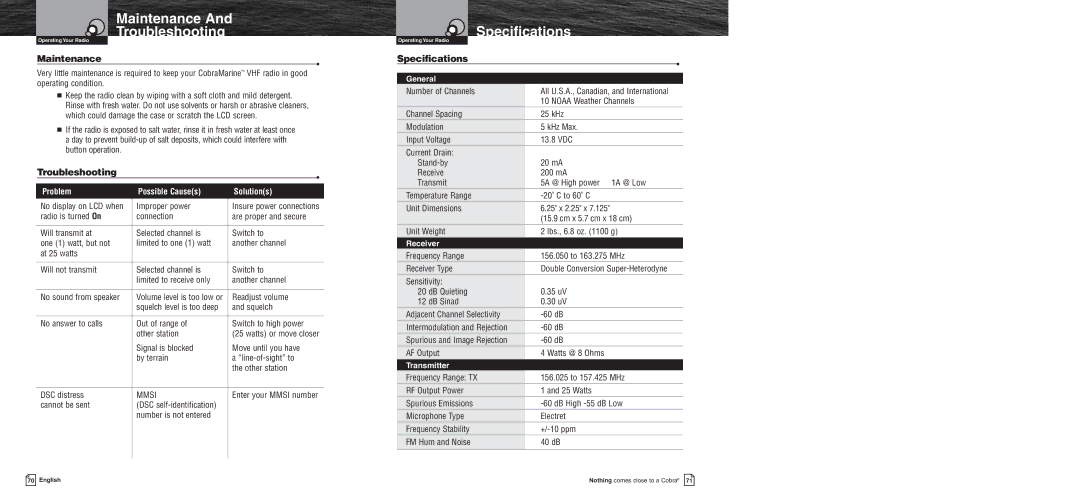 Cobra Electronics MR F75 owner manual Maintenance Troubleshooting, Specifications 