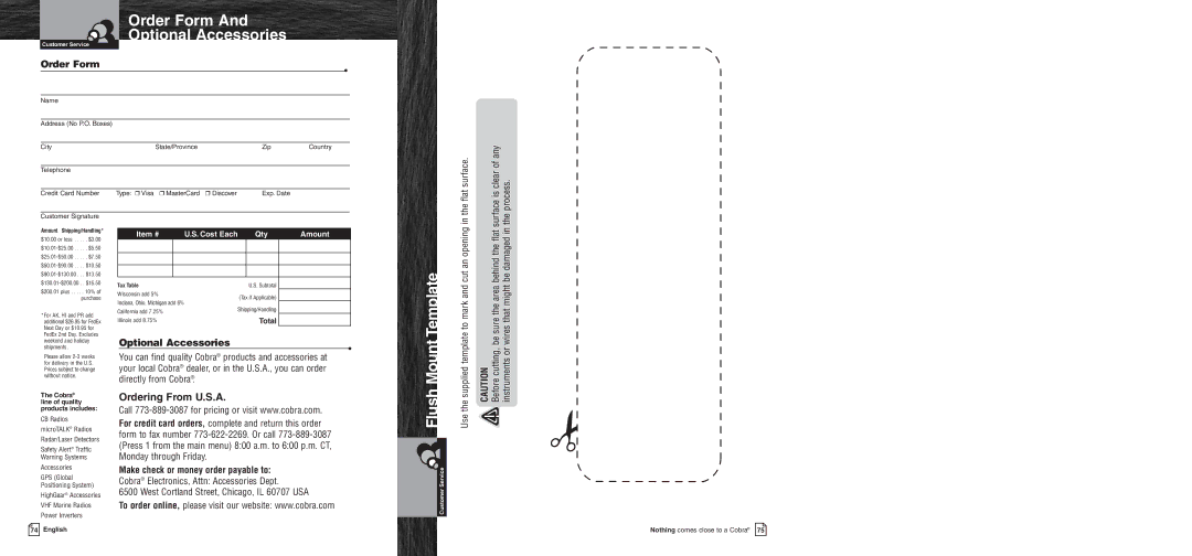 Cobra Electronics MR F75 Order Form Optional Accessories, Ordering From U.S.A, Make check or money order payable to 