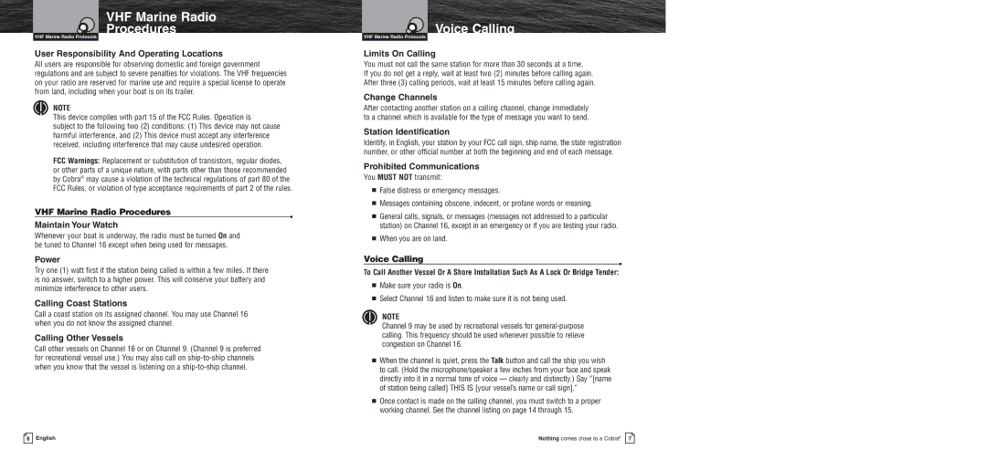 Cobra Electronics MR F75 owner manual VHF Marine Radio Procedures, Voice Calling 