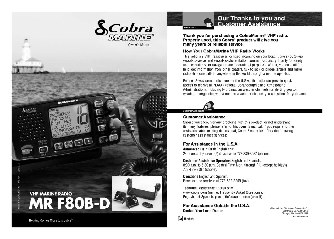 Cobra Electronics MR F80B-D owner manual Our Thanks to you, Customer Assistance 