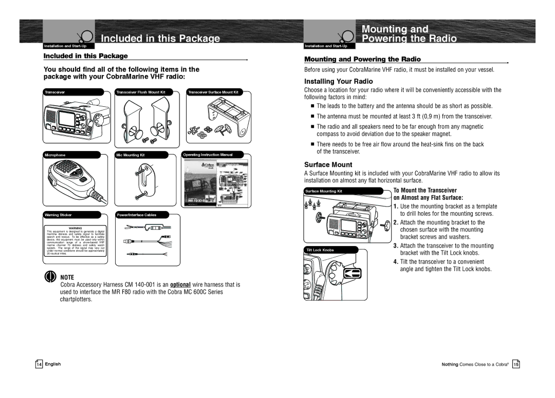 Cobra Electronics MR F80B-D Included in this Package, Mounting Powering the Radio, Mounting and Powering the Radio 