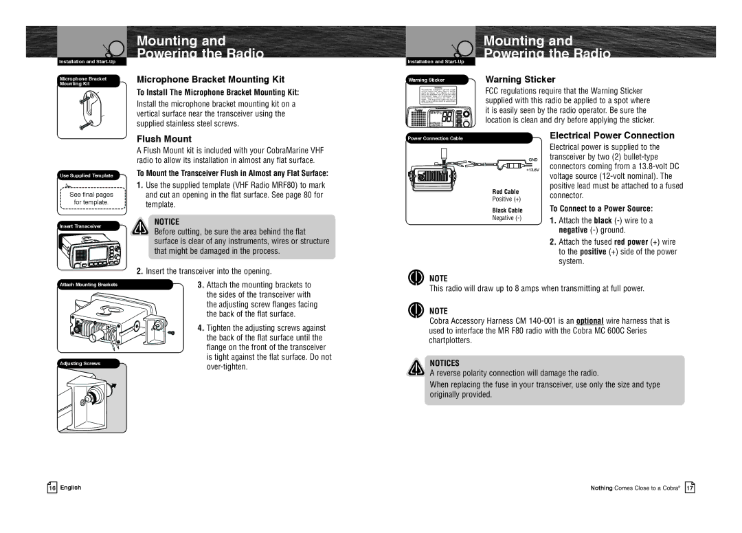 Cobra Electronics MR F80B-D owner manual Mounting and Powering the Radio, Microphone Bracket Mounting Kit, Flush Mount 