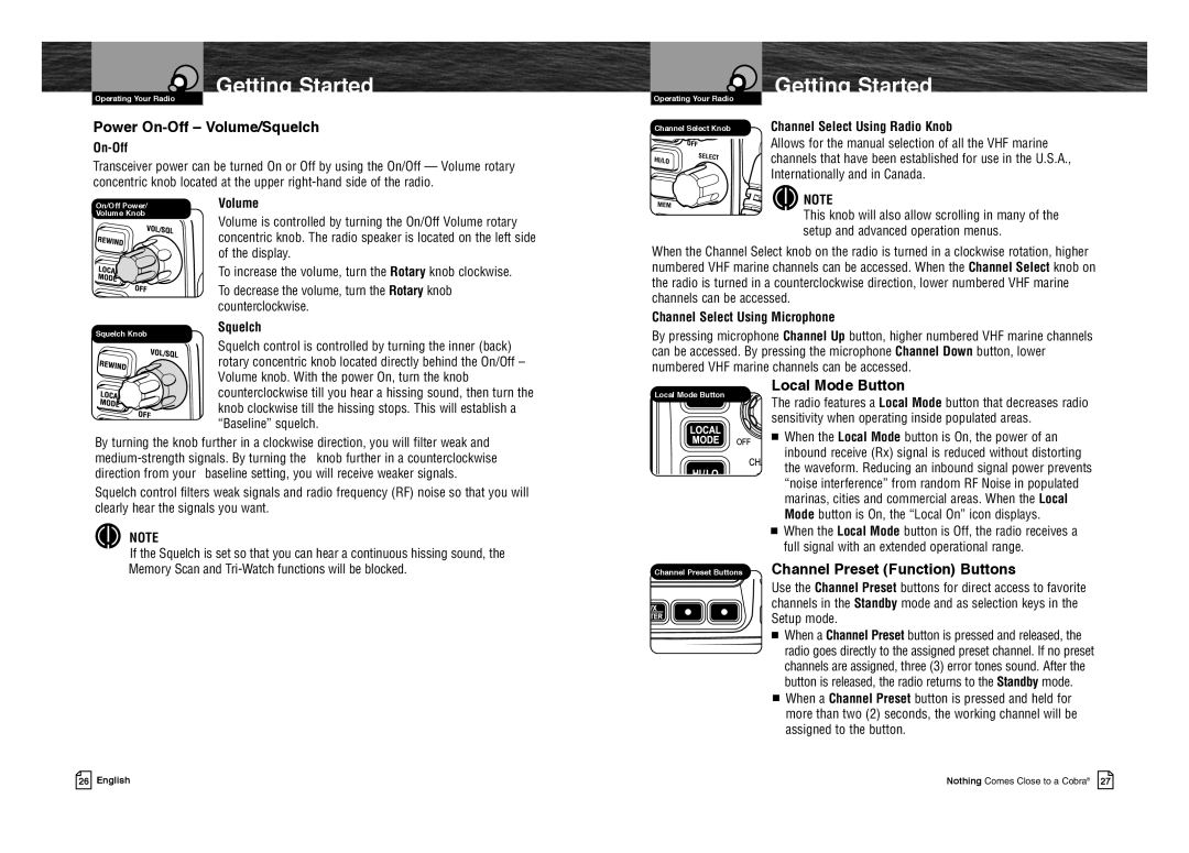 Cobra Electronics MR F80B-D owner manual Power On-Off Volume/Squelch, Local Mode Button 
