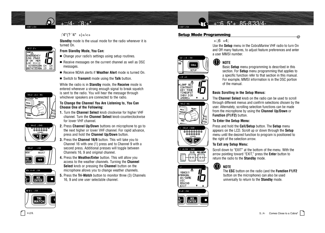 Cobra Electronics MR F80B-D owner manual Standby and Receive, Setup Mode Programming Setup Menu 