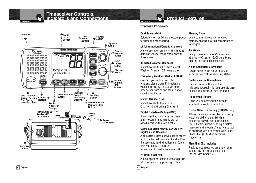 Cobra Electronics MR F80B-D owner manual Transceiver Controls Indicators and Connections, Product Features 