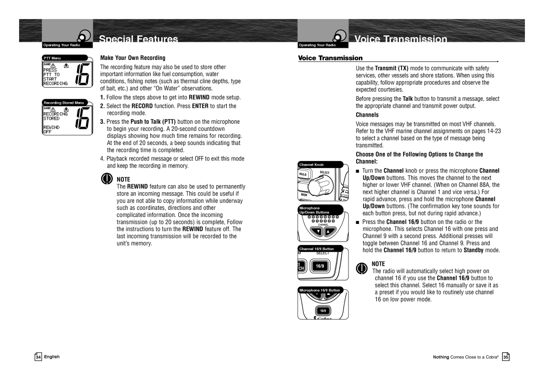 Cobra Electronics MR F80B-D owner manual Voice Transmission, Make Your Own Recording, Channels 