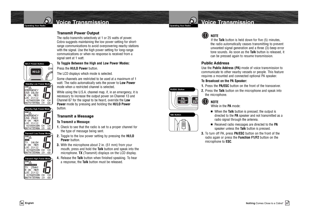 Cobra Electronics MR F80B-D owner manual Voice Transmission, Transmit Power Output, Public Address, Transmit a Message 