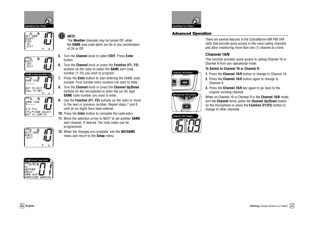 Cobra Electronics MR F80B-D owner manual Advanced Operation, Channel 16/9, To Switch to Channel 16 or Channel 